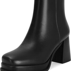 Women's Black Leather Platform Ankle Boots Chunky Heels Back Zipper Comfort